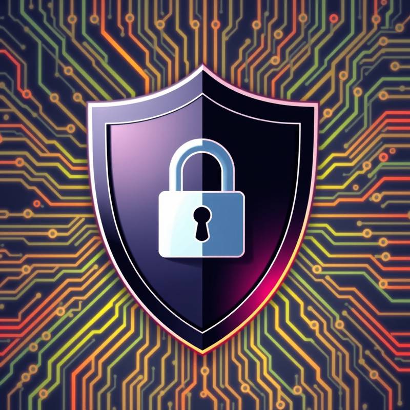 A stylized image representing digital security, featuring a shield with a lock symbol overlaid on a circuit board pattern, emphasizing protection and data integrity.