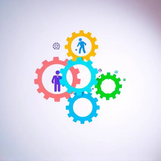 Abstract image representing accessibility, featuring overlapping gears symbolizing cooperation and accessibility icons representing different disabilities.