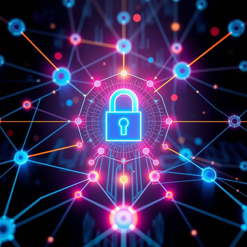An abstract representation of data privacy, with interconnected nodes and a lock symbol in the center, signifying secure data transfer and protection.