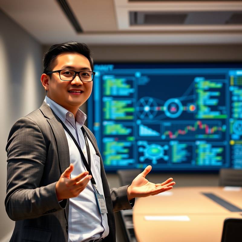 David Nguyen, a software architect, giving a presentation on a complex software system.