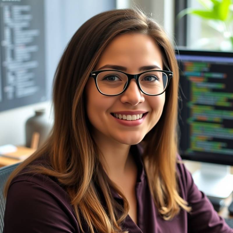 Headshot of Elena Vasquez, a web development expert with glasses in front of a monitor with code.