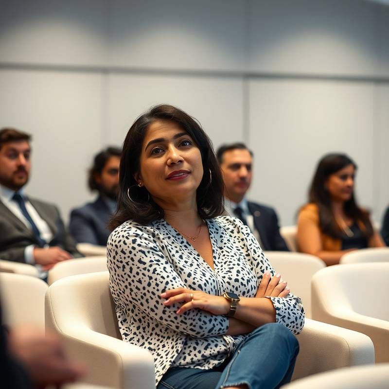 Image of Maria Rodriguez, an AI ethicist, engaged in a thoughtful discussion during a panel.