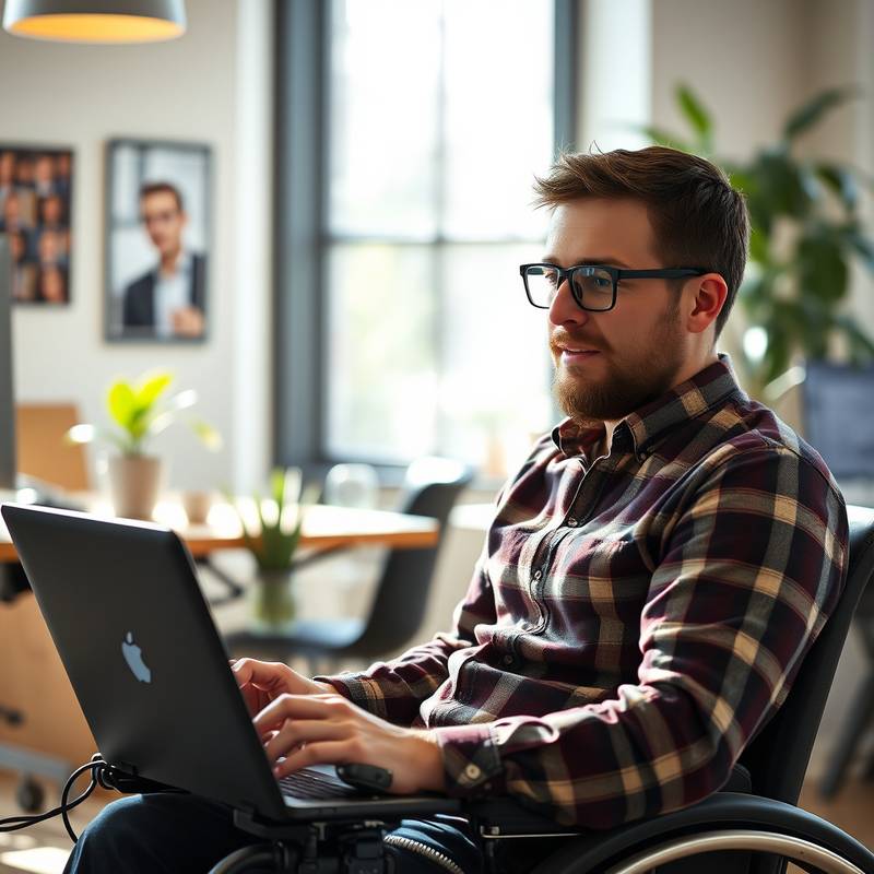 Portrait of Ben Carter, an accessibility advocate, using assistive technology while working on a computer in a co-working space.