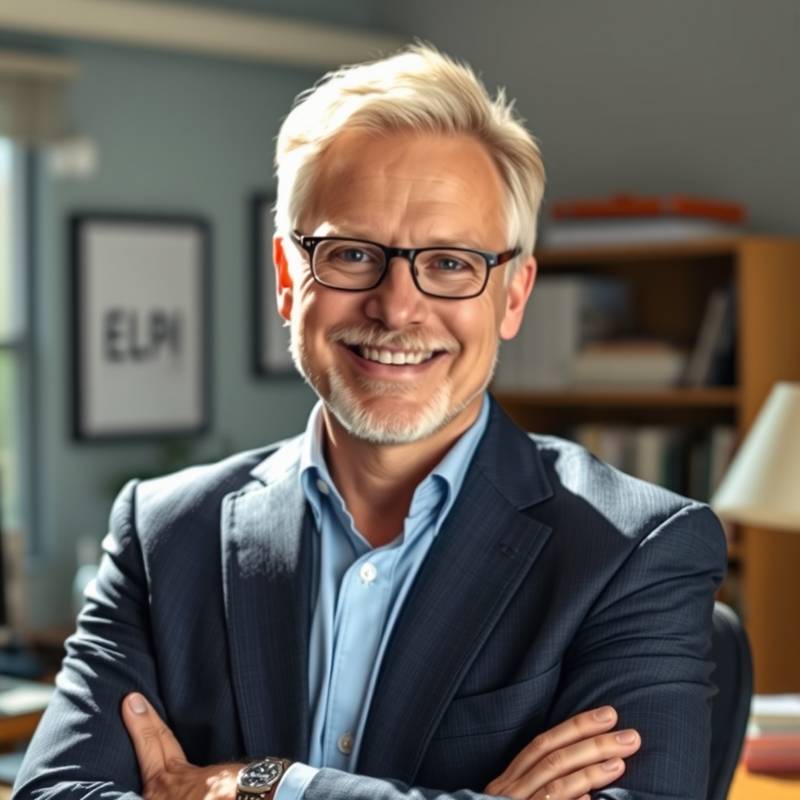 Portrait of David Miller, Editor-in-Chief, smiling confidently in his office.