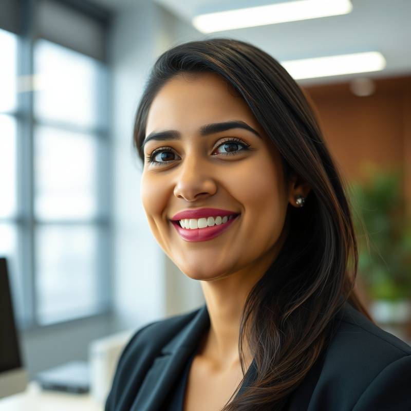 Portrait of Dr. Anya Sharma, a cybersecurity expert, smiling confidently in a modern office setting.