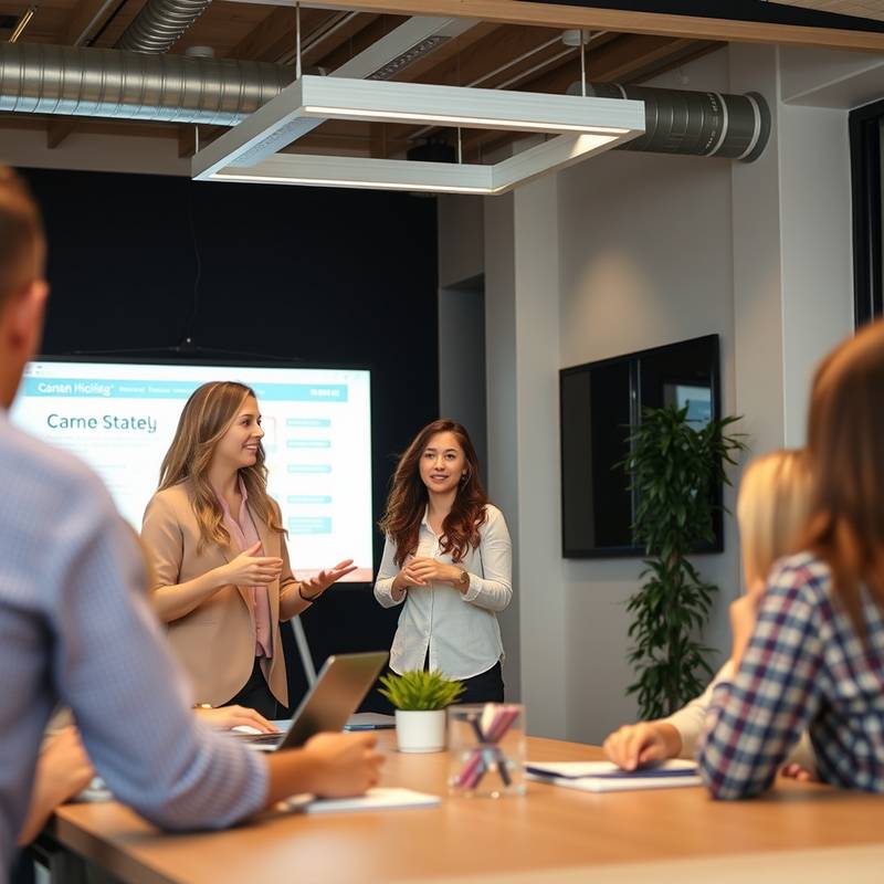 Portrait of Emily Carter, Content Strategist, presenting content strategy ideas to a team during a meeting.