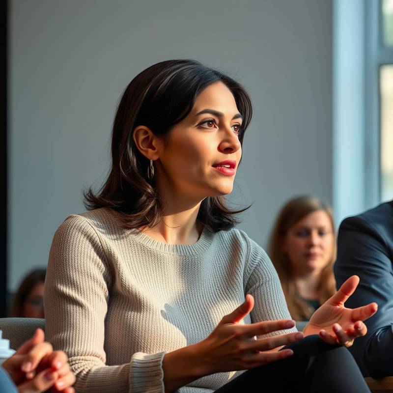 Portrait of Maria Rodriguez, an AI ethicist, thoughtfully discussing the implications of artificial intelligence during a panel discussion.