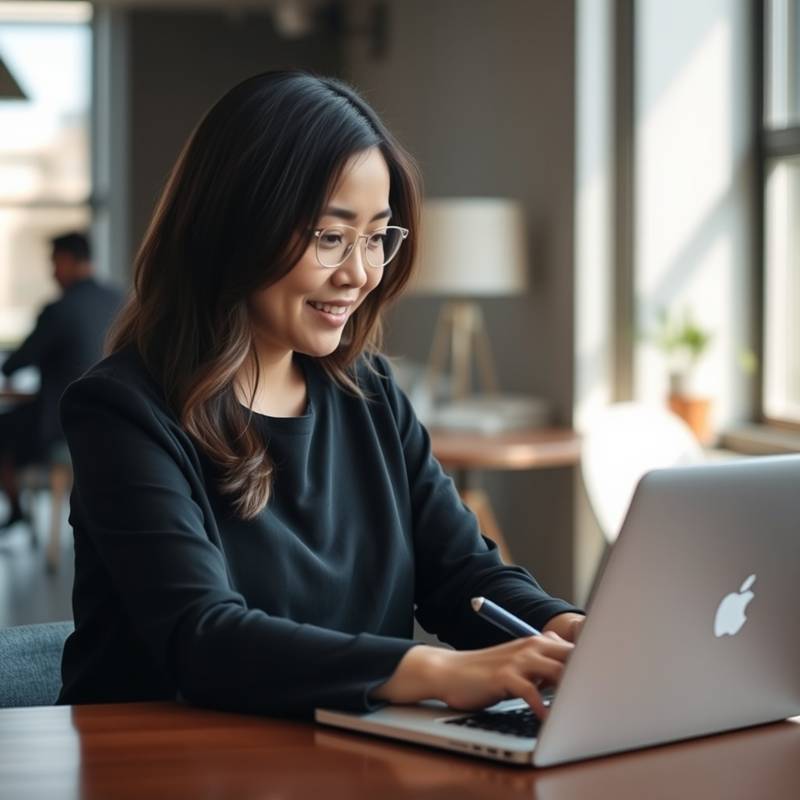 Portrait of Sarah Chen, Senior Writer, working on her laptop in a modern co-working space.