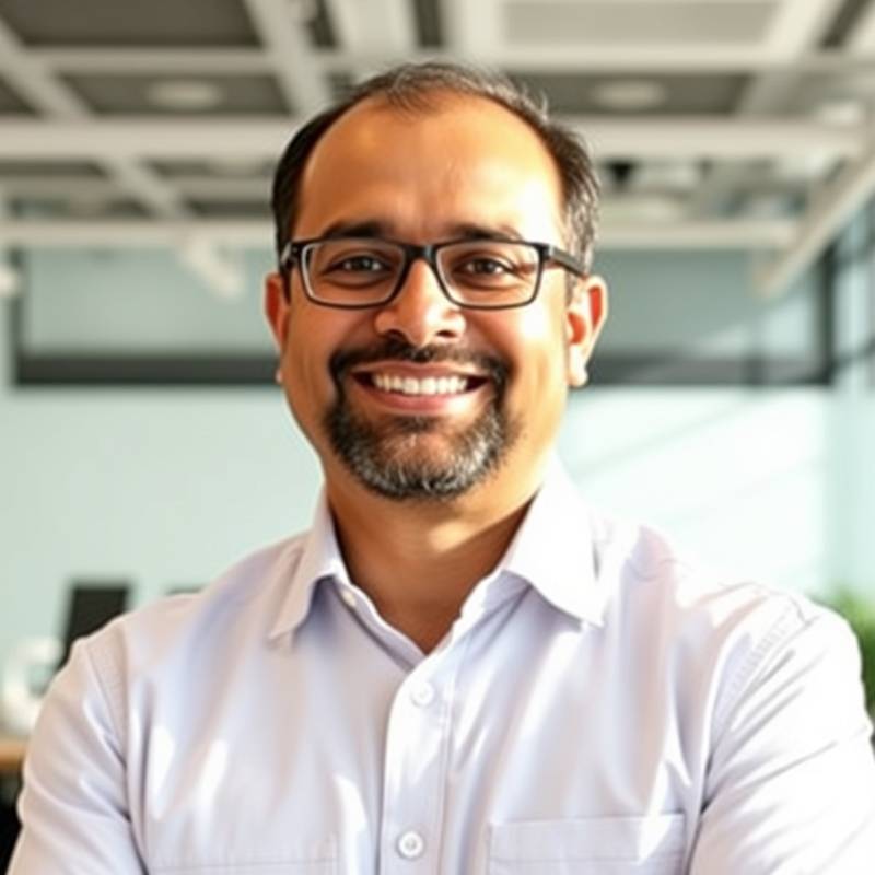 Rajesh Patel, a digital transformation consultant, smiling in a bright, modern office.